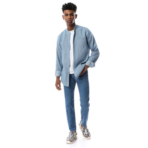 Ravin Buttoned Simple Thin Stripe Steal Blue Shirt