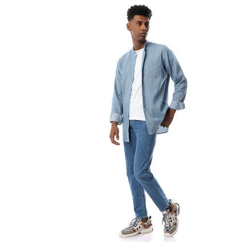 Ravin Buttoned Simple Thin Stripe Steal Blue Shirt