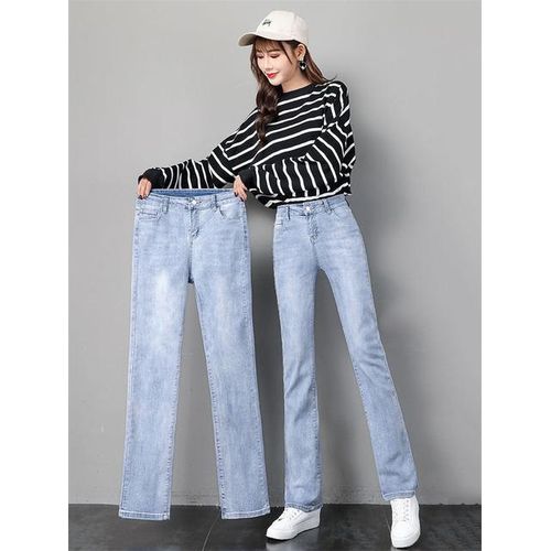 Generic Straight Jeans Women Light Blue 2022 New High Waist Slim