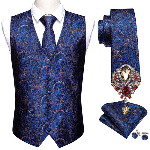 Silk Formal Dress Vest Men Waistcoat Vest Wedding Party Vest Tie Brooch  Pocket Square Set (Color : MJ-106-0017, Size : S.)