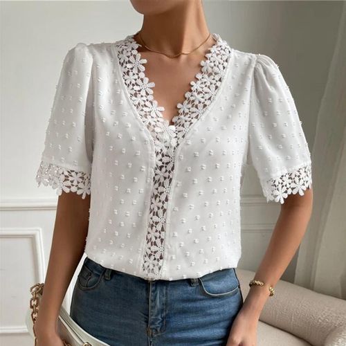 RQYYD Clearance Casual V Neck T Shirts for Women Mesh Short Sleeve Dressy  Tops Summer Loose Tunic Shirt Solid Breathable Holiday Tee(White,XXL)