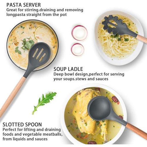 product_image_name-Generic-مجموعة أدوات مطبخ 12 قطعة من السيليكون بمقابض خشبية تشمل مغارف، ملاعق، أداة معكرونة، مصفاة، فرشاة، مضرب بيض، ملعقة سيليكون، ووعاء حامل – مقاومة للحرارة وآمنة على الأواني-4