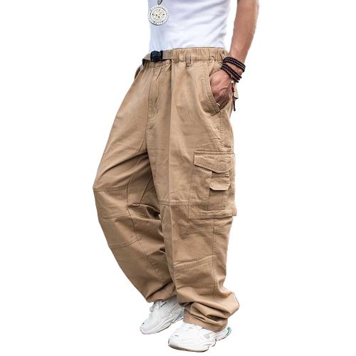 New Fashion Cargo Pants Mutil Pockets Mens Trend Loose Solid Drawstring Tie  Up Long Pant Streetwear Men Spring Leisure T