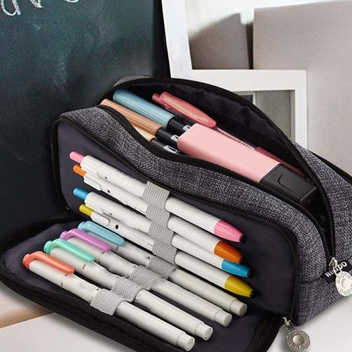 Angoo Pencil Case Grande capacité 3 compartiments Canvas Pencil Pochette  pour les élèves de l'école des filles, a