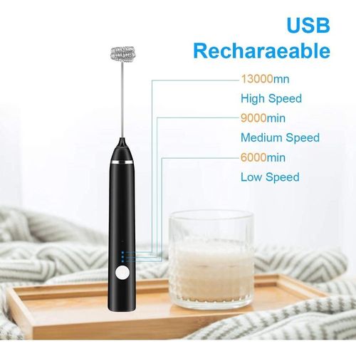 Rechargeable Milk Frother Handheld Electric Foam Maker with Stainless Whisk 3 Speed for Bulletproof Coffee Latte Cappuccino Hot Chocolate Black