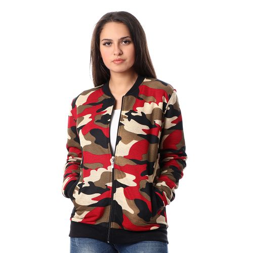 Kady Round Neck Army Jacket With Pockets - Dark Red &amp; Beige
