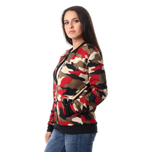 Kady Round Neck Army Jacket With Pockets - Dark Red &amp; Beige