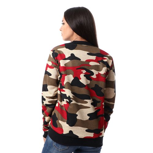 Kady Round Neck Army Jacket With Pockets - Dark Red &amp; Beige