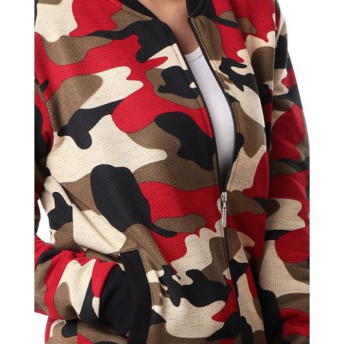Kady Round Neck Army Jacket With Pockets - Dark Red &amp; Beige