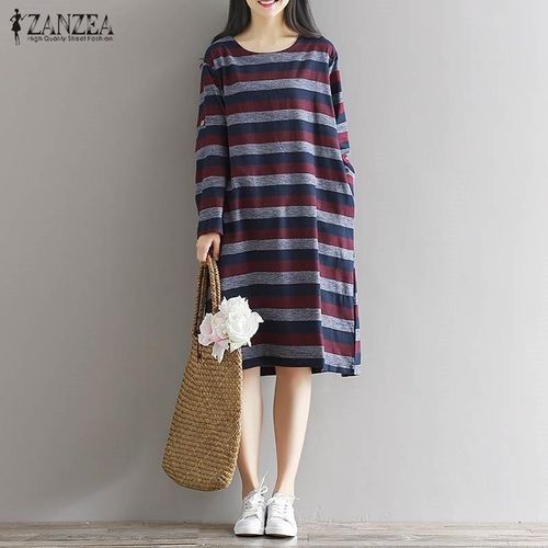 Buy Zanzea Long Sleeve Knee-Length Dress Striped Pullover Pockets Female Autumn Leisure Cotton Linen Vintage Vestido Plus Size Wine Red in Egypt