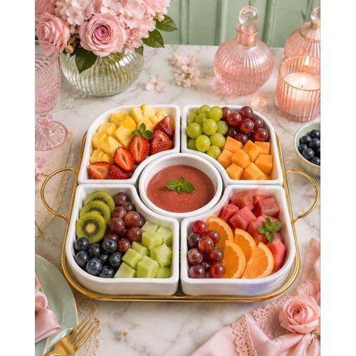 Generic صينية تقديم سيراميك أبيض متعددة الأقسام مع مقابض ذهبية - image 4