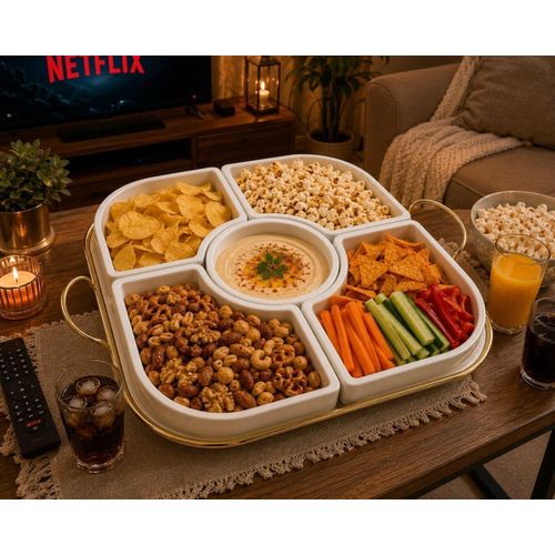 Generic صينية تقديم سيراميك أبيض متعددة الأقسام مع مقابض ذهبية - image 5