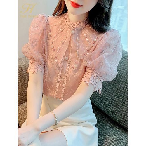 Fashion (pink)H Han Queen New Blouse Women Spring Summer Embroidery Crochet  Beading Shirts Office Work Blouse Puff Sleeve Vintage Loose Tops CHA @ Best  Price Online