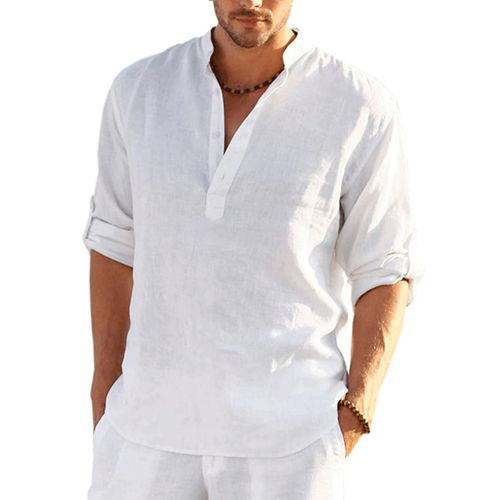 Fashion Men's Linen Long Sleeve Cotton Shirt Solid Casual - White ...