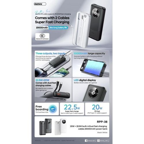 product_image_name-Remax-باور بانك  RPP-38 بسعة 20000 مللي أمبير مع كابلات شحن سريع مدمجة مزدوجة بقوة 20 واط + 22.5 واط-4