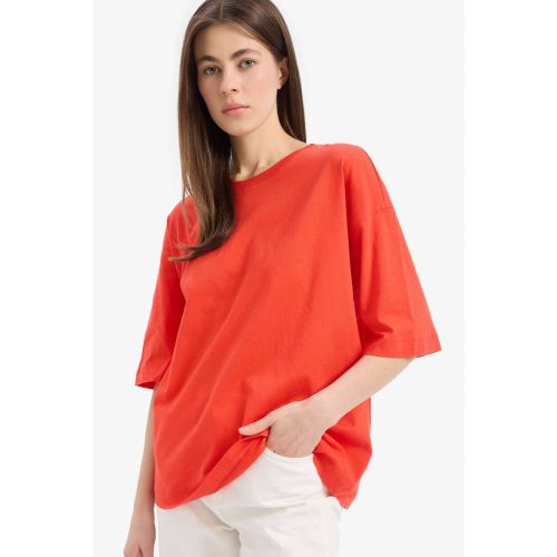 product_image_name-Defacto-Woman Crew Neck Oversize Fit Short Sleeve T-Shirt - Lt.Red-4