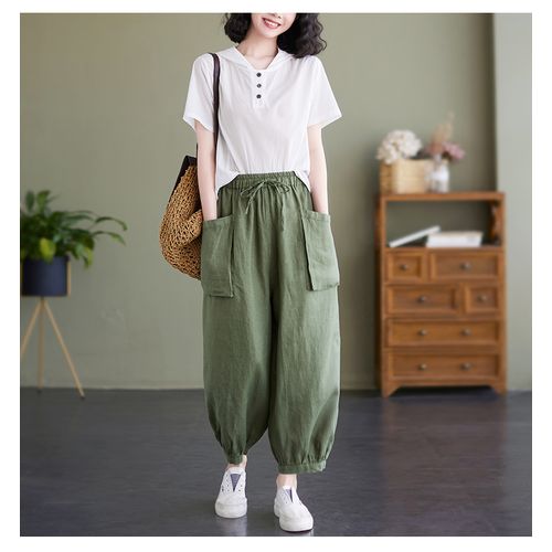 Women Baggy High Waist Loose Long Pants Ladies Cotton Linen Wide