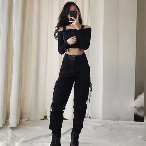 16 Jeans Black High Waist Cargo Pants Women Pockets Patchwork Loose  Streetwear hot pants @ Best Price Online