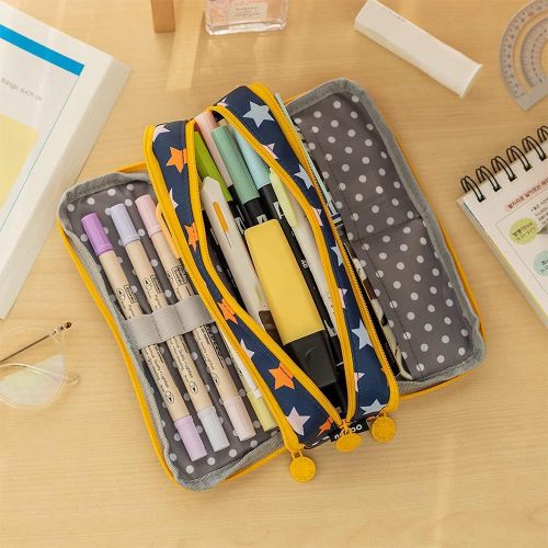 Angoo Pencil Case Big Capacity 3 Compartments Canvas Pencil Pouch