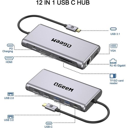 product_image_name-QGeeM-موزع USB-C متعدد الوظائف من طراز UH12-V، مزود بمنفذي HDMI، ومنفذ VGA بدقة 4K، وثلاثة منافذ عرض، وتقنية توصيل الطاقة بقدرة 100 واط، ومنفذ إيثرنت، متوافق مع أجهزة MacBook وWindows.-2