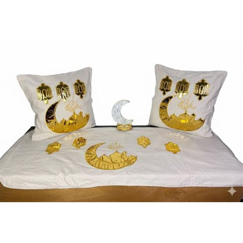 product_image_name-Generic- طقم زينة رمضان 4 قطع - مفرش طاولة (رانر) و2 غطاء خدادية وهلال كريستال مضيء - أبيض في ذهبي مودرن متعدد الاشكال -1