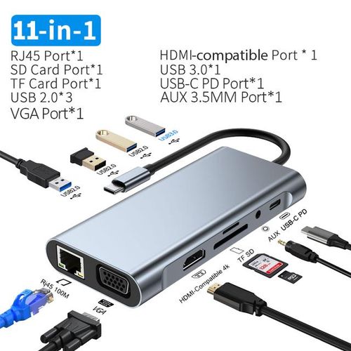 USB C HUB Type-C to 4K HDMI-compatible VGA RJ45 3.5mm Jack USB 3.0 HUB 11  in 1 Adapter USB Splitter PD Charge Dock Station