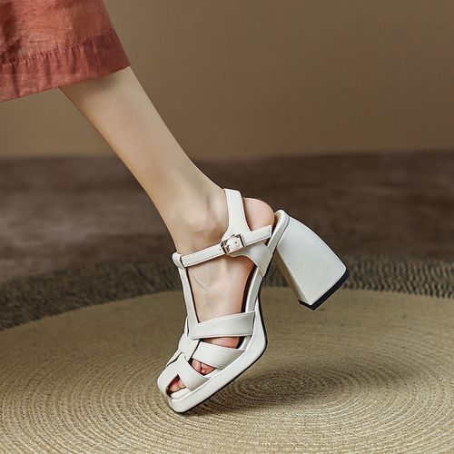 Fashion White Cocktail Party Womens Sandals 2023 Ankle Strap 17 cm Thick  Heels Open / Peep Toe Sandals High Heels