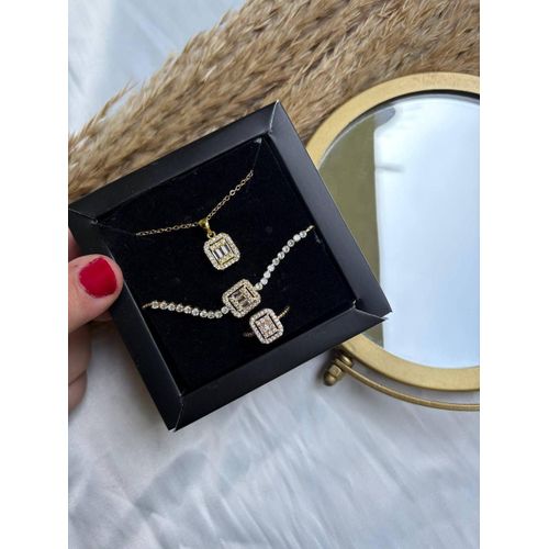 product_image_name-Generic-طقم إكسسوار نسائي فاخر 3 قطع (سلسلة + خاتم + انسيال) - مرصع بزاركون باجيت - لون ذهبي.-2