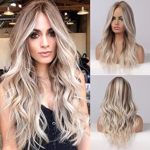 product_image_name-Generic-باروكة نسائية طويلة مموجة مع جزء وسطي، مصنوعة من ألياف مقاومة للحرارة، باللون الأشقر الرمادي-1