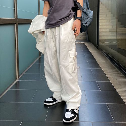 Generic Loose Straight Multi Pocket Cargo Pants For Men Solid Color Black  White Casual Pants Korean Loose Sweatpants @ Best Price Online