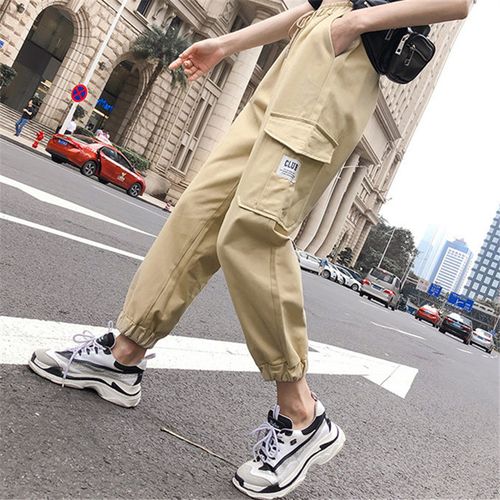 Fashion Women Casual Cargo Pants Khaki Solid Color High Waist