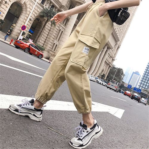 Fashion (Khaki)Women's Casual Cargo Pants Solid Color High Elastic Waist  Long Pants With Pockets Autumn Ladies Loose Pencil Trousers Streetwear DOU  @ Best Price Online