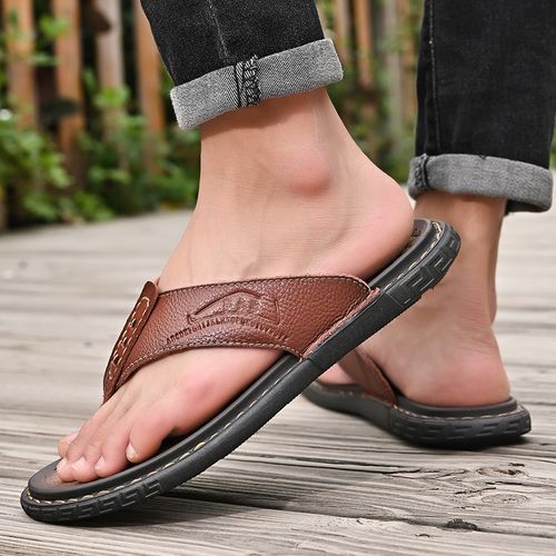 Buy Men's Shoes Leather Flip-Flops Leather Outdoor Slipers Hand Sewn Brown in Egypt