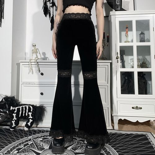 Fashion (Black)Women Gothic Punk Black Velvet Flare Pants Harajuku