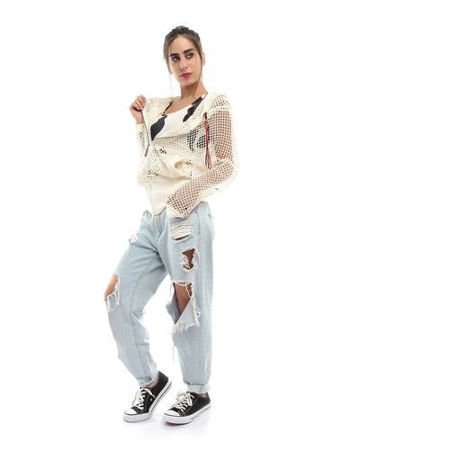 Ravin Set of Perforated Jacket &amp; Printed Tank Top - Off White