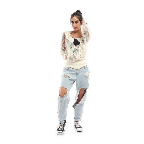 Ravin Set of Perforated Jacket &amp; Printed Tank Top - Off White