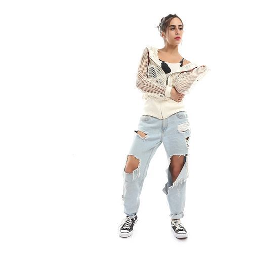 Ravin Set of Perforated Jacket &amp; Printed Tank Top - Off White