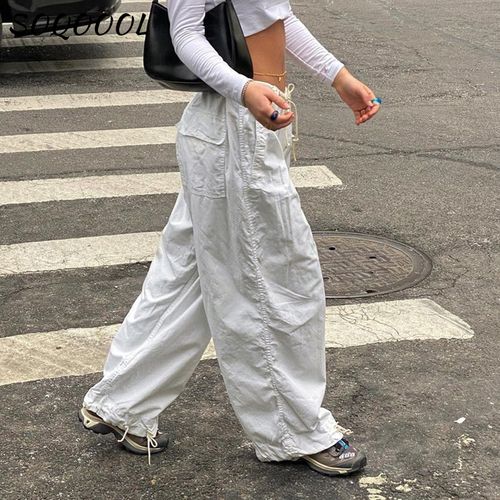 Fashion (White A)Hippie Y2K Cargo Pants Women Low Waist Sweatpant  Drawstring Pockets Baggy Wide Leg Trousers Korean Vintage White Parachute  Pants DOU @ Best Price Online