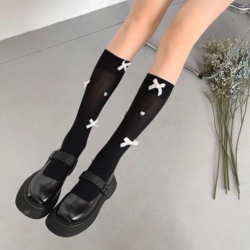 Calcetines Largos Medias Tobilleras Long Socks Women Calcetas Largas Mujer  Cute Lolita Black White Lace Girl Camellia Long Socks - AliExpress