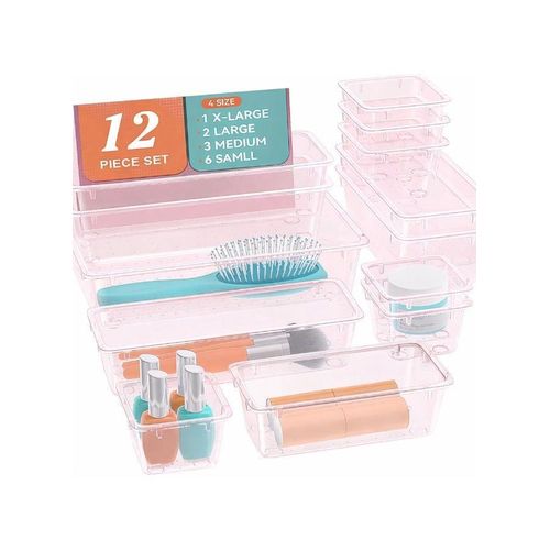 product_image_name-Generic-imported 12 Piece Drawer Organizer Set, 4 Sizes Storage Drawer Units, Clear Plastic Makeup Organizer and Storage Boxes for Makeup, Stationery, and Multi-Tools for Bathroom, Office, and Bedroom-1