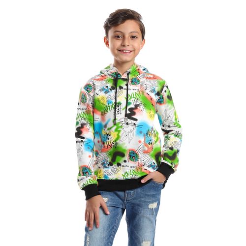 Buy Andora Self Pattern Long Sleeves Boys Hoodie - White, Lime Green & Turquoise in Egypt