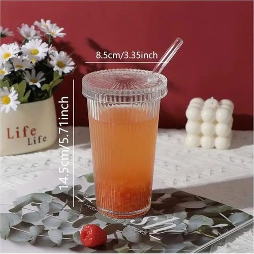 product_image_name-Generic-كوب زجاجي ستايلش مع غطاء وشفاطة، مخطط للقهوة المثلجة، كوب قابل لإعادة الاستخدام للعصير والشاي والماء والكوكتيلات، ستايل فينتج للسفر للمنزل والمكتب، سعة 500 مل-1