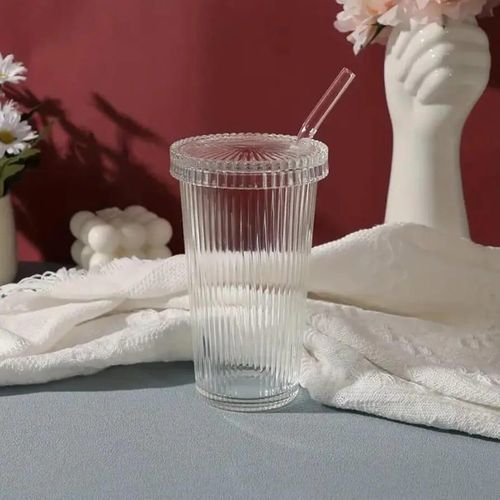 product_image_name-Generic-كوب زجاجي ستايلش مع غطاء وشفاطة، مخطط للقهوة المثلجة، كوب قابل لإعادة الاستخدام للعصير والشاي والماء والكوكتيلات، ستايل فينتج للسفر للمنزل والمكتب، سعة 500 مل-4