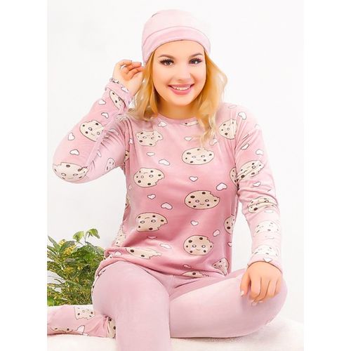 Generic بيجامة حريمى شتوي كوكيز-قطيفة-4 قطع-روز