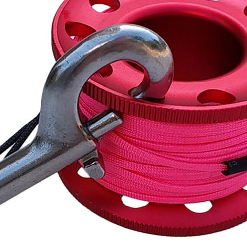 Multi Purpose Scuba Diving Dive Reel, Aluminum Alloy Finger Spool Attached  with 15m High Visible Line, Dual Ended Bolt Snap Clip Red 