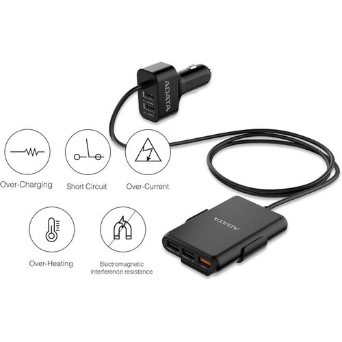 product_image_name-ADATA-ACV0525-CBK - (CV0525) شاحن سيارة USB مشاركة 52 واط، 5 منافذ USB-A، كابل ممتد 150 سم-2