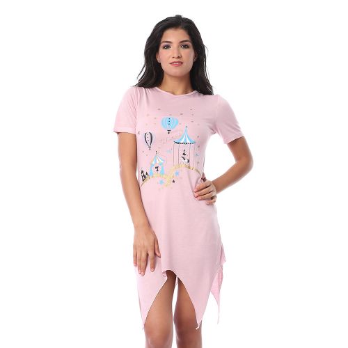 Kady Printed Short Sleeves Fluffy Night-Gown - Pale Pink