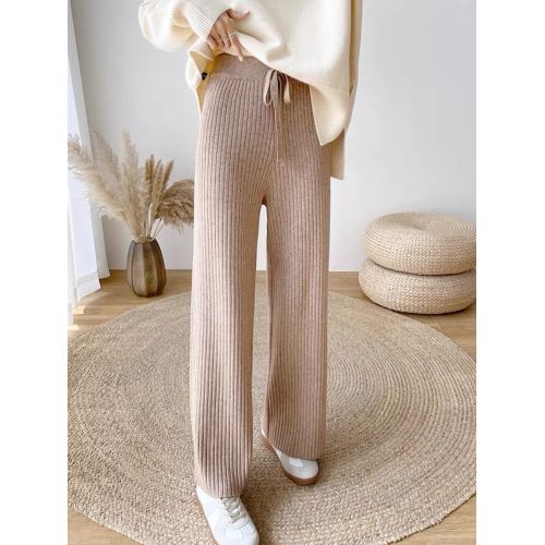 Fashion (Blue)Knitted Wide Leg Pants Vertical Stripes High Waist Casual  Pants Drawstring Loose Warm And Soft Straight Trousers For Women 2022 DOU @  Best Price Online