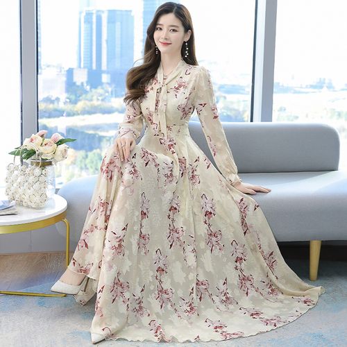 Fashion (Apricot)Summer Black Print Maxi Dress Plus Size S-4XL Flower Long  Sleeve Women Chiffon Long Dress Vestidos DOU @ Best Price Online