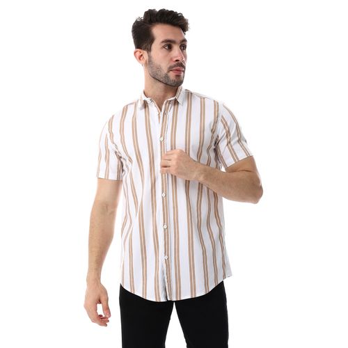 اشتري White Rabbit Striped Pattern Short Sleeves Shirt - White & Cider Brown في مصر